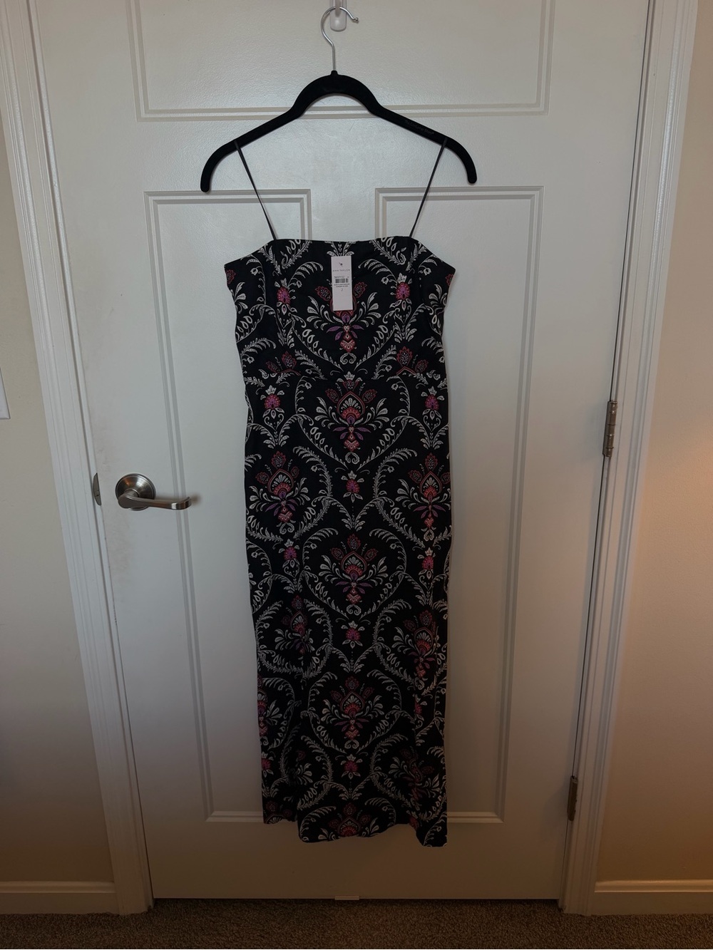 Ann Taylor Black Strapless Floral Midi Dress with Pink Accents
